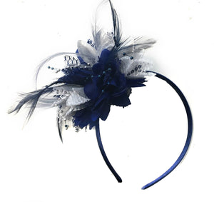 Caprilite Navy and Silver Fascinator Headband Hair Band Flower Corsage