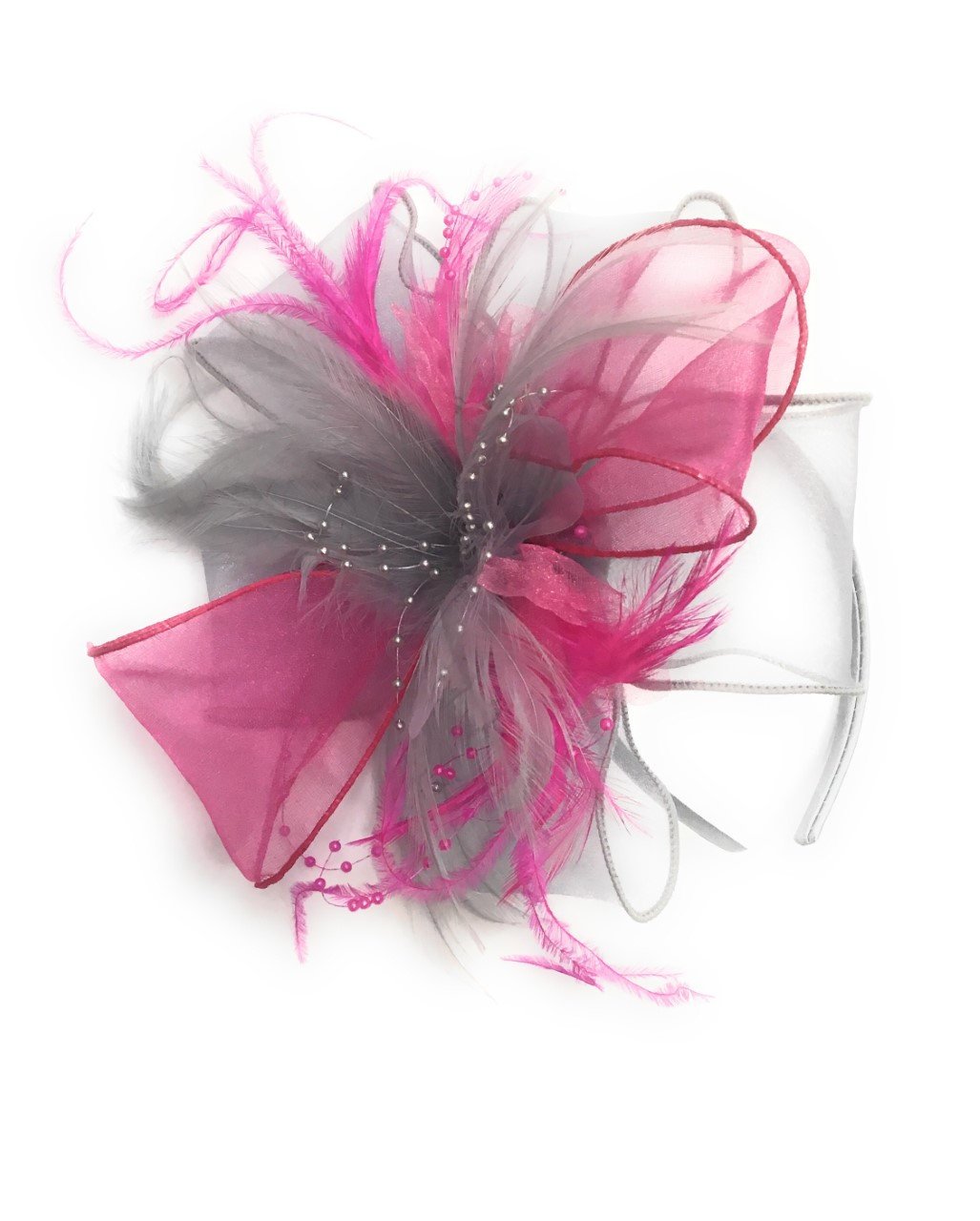 Caprilite Silver Grey and Fuchsia Pink Chiffon Feathers Fascinator Headband Ascot Wedding