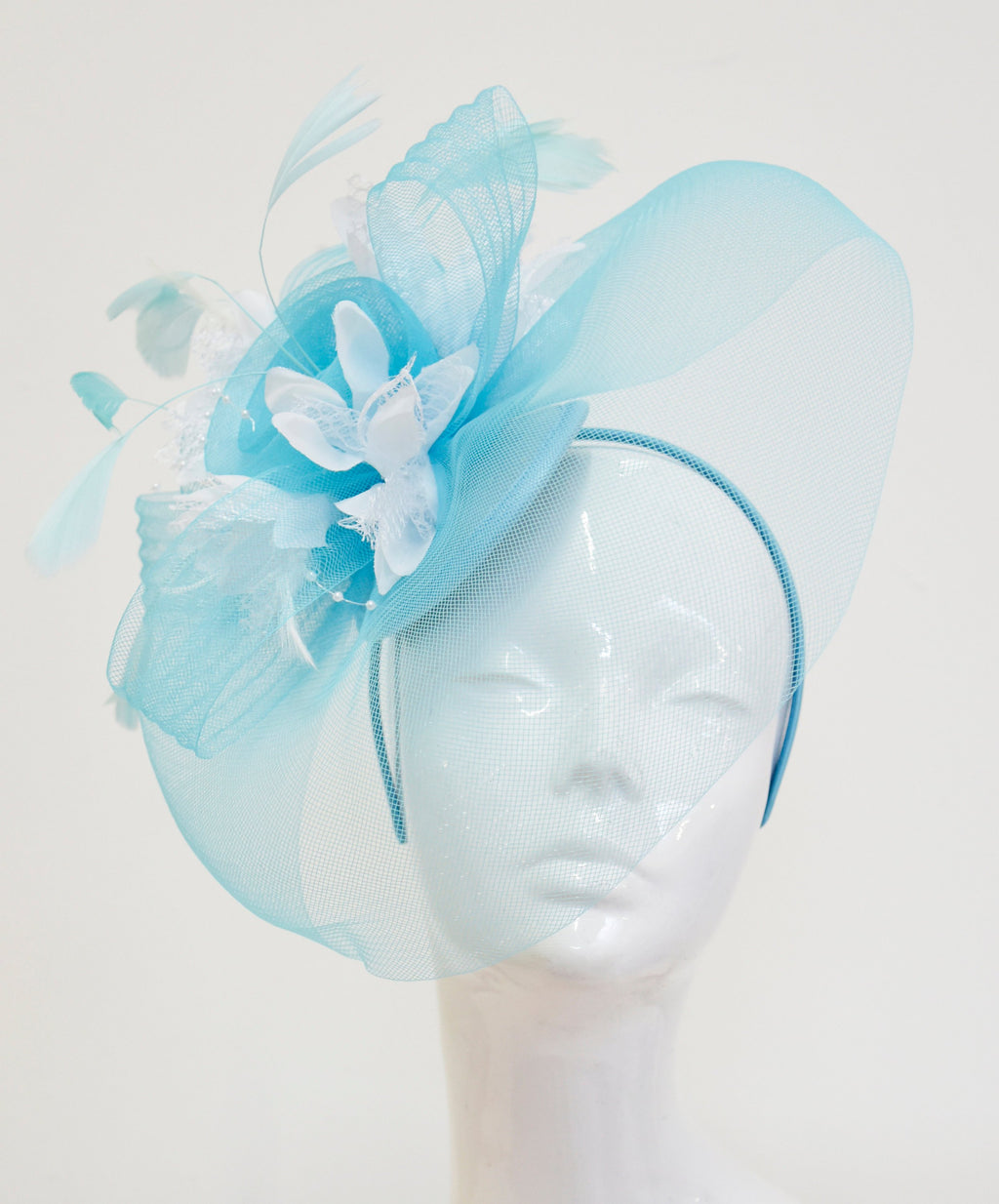Caprilite Big Light Turquoise Blue and White Fascinator Hat Veil Net Hair Clip Ascot Derby Races Wedding Headband Feather Flower