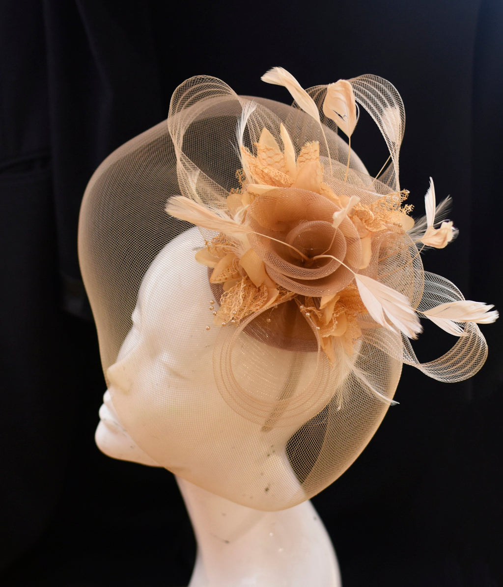 Caprilite Beige Camel Fascinator Hat Veil Net Hair Clip Ascot Derby Races Wedding Headband Feather Flower