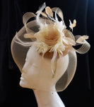 Caprilite Beige Camel and Cream Ivory Fascinator Hat Veil Net Hair Clip Ascot Derby Races Wedding Headband Feather Flower