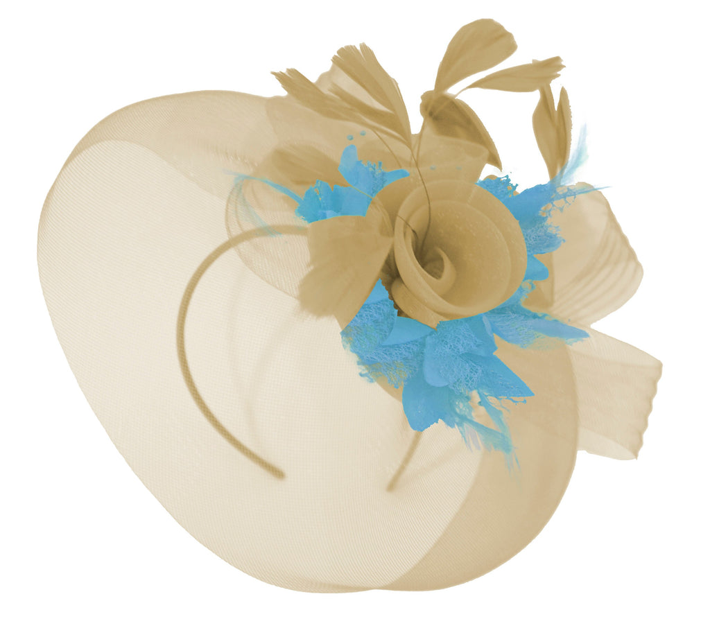 Caprilite Beige Camel and Aqua Fascinator Hat Veil Net Hair Clip Ascot Derby Races Wedding Headband Feather Flower
