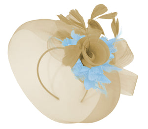 Caprilite Beige Camel and Baby Blue Fascinator Hat Veil Net Hair Clip Ascot Derby Races Wedding Headband Feather Flower