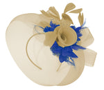 Caprilite Beige Camel and Royal Blue Fascinator Hat Veil Net Hair Clip Ascot Derby Races Wedding Headband Feather Flower