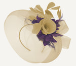 Caprilite Beige Camel and Dark Purple Fascinator Hat Veil Net Hair Clip Ascot Derby Races Wedding Headband Feather Flower