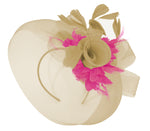 Caprilite Beige Camel and Fuchsia Fascinator Hat Veil Net Hair Clip Ascot Derby Races Wedding Headband Feather Flower