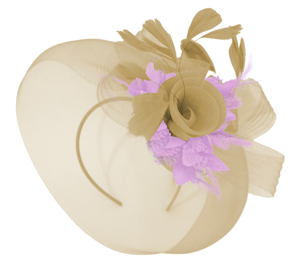 Caprilite Beige Camel and Lilac Fascinator Hat Veil Net Hair Clip Ascot Derby Races Wedding Headband Feather Flower
