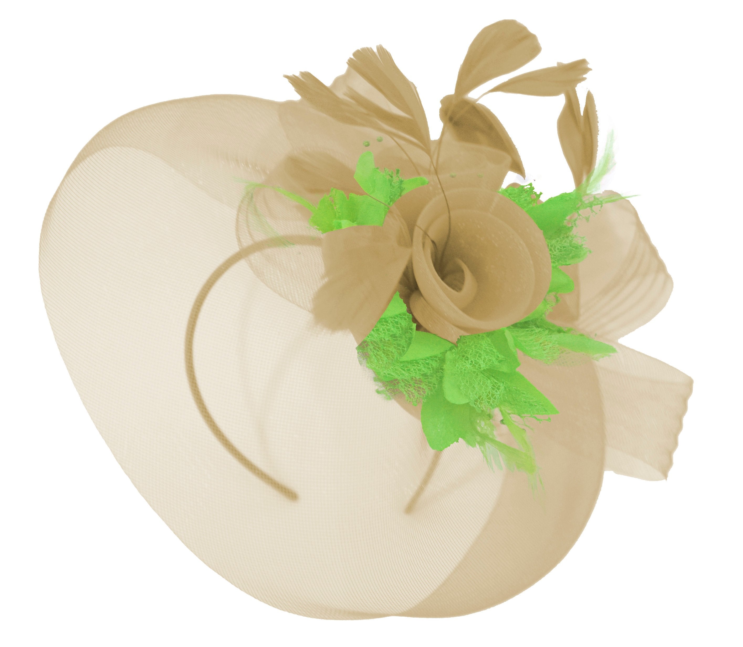 Caprilite Beige Camel and Lime Green Fascinator Hat Veil Net Hair Clip Ascot Derby Races Wedding Headband Feather Flower