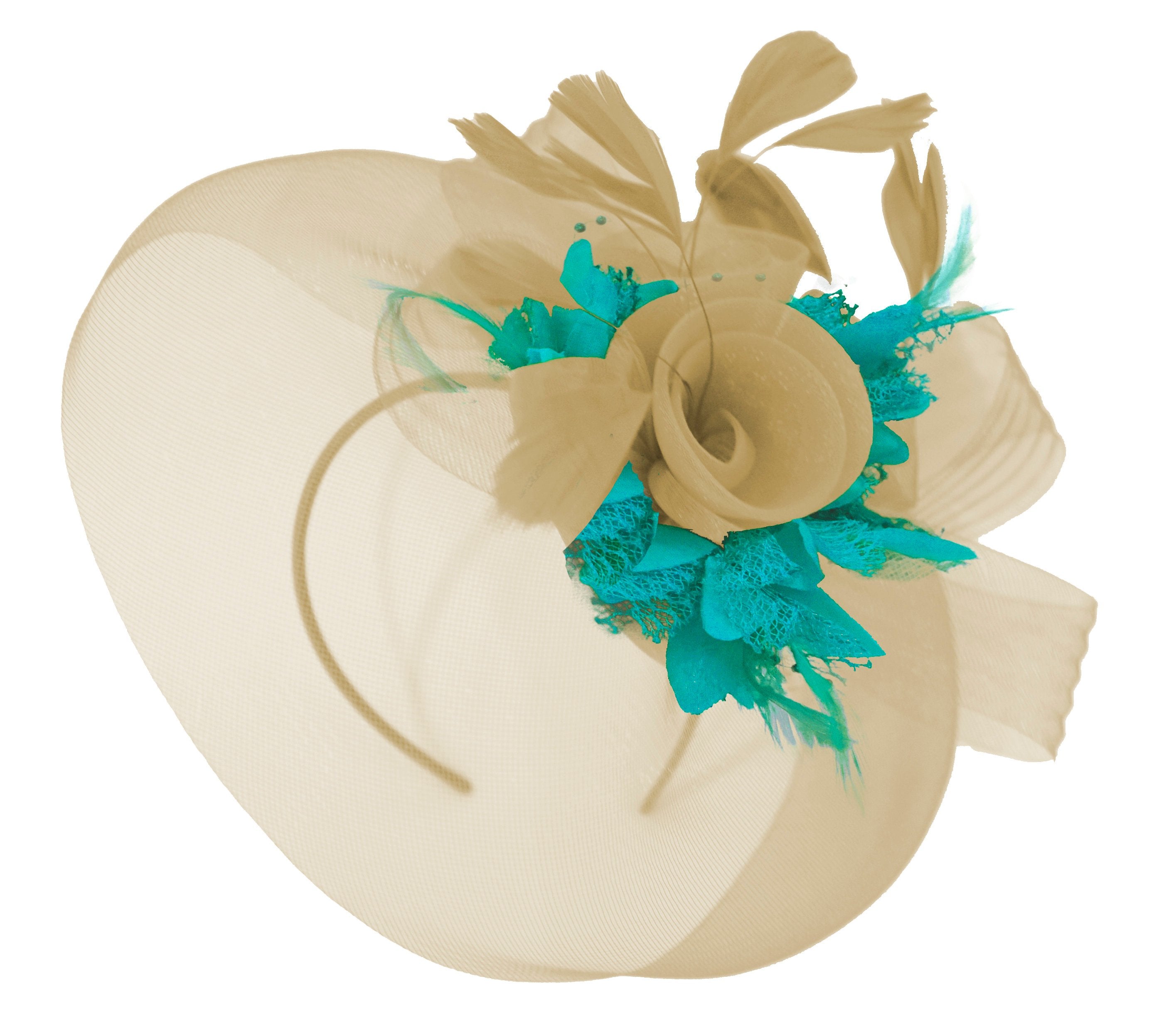 Caprilite Beige Camel and Teal Fascinator Hat Veil Net Hair Clip Ascot Derby Races Wedding Headband Feather Flower
