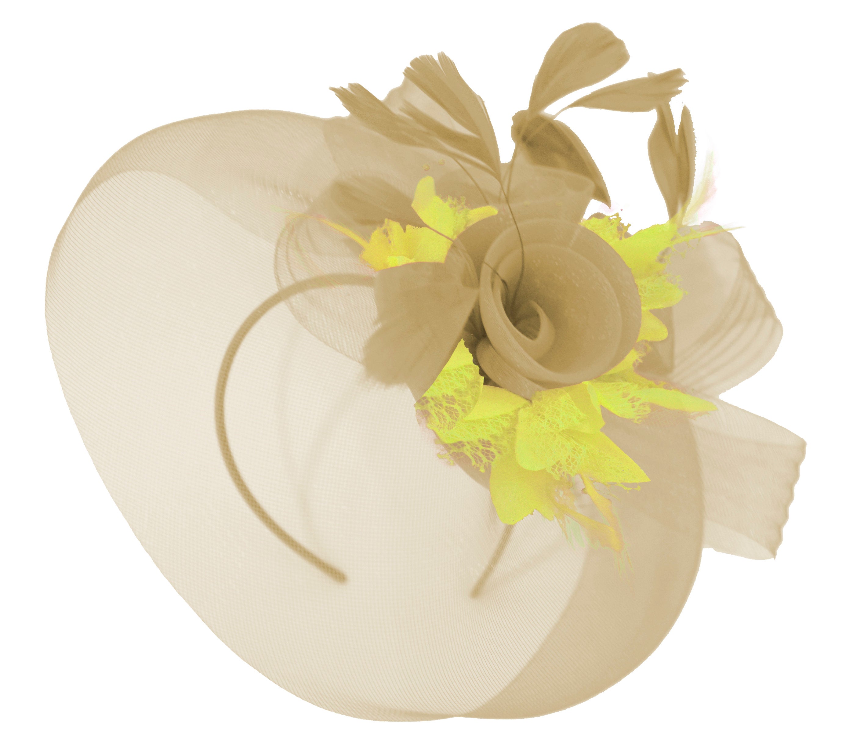 Caprilite Beige Camel and Yellow Fascinator Hat Veil Net Hair Clip Ascot Derby Races Wedding Headband Feather Flower