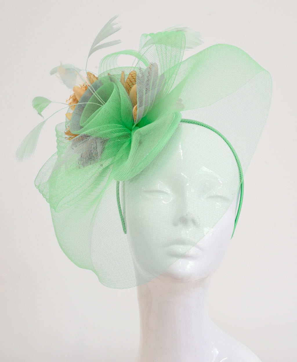 Caprilite Big Mint Green and Beige Fascinator Hat Veil Net Ascot Derby Races Wedding Headband Feather