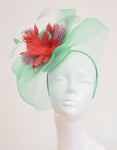 Caprilite Big Mint Green and Coral Fascinator Hat Veil Net Ascot Derby Races Wedding Headband Feather