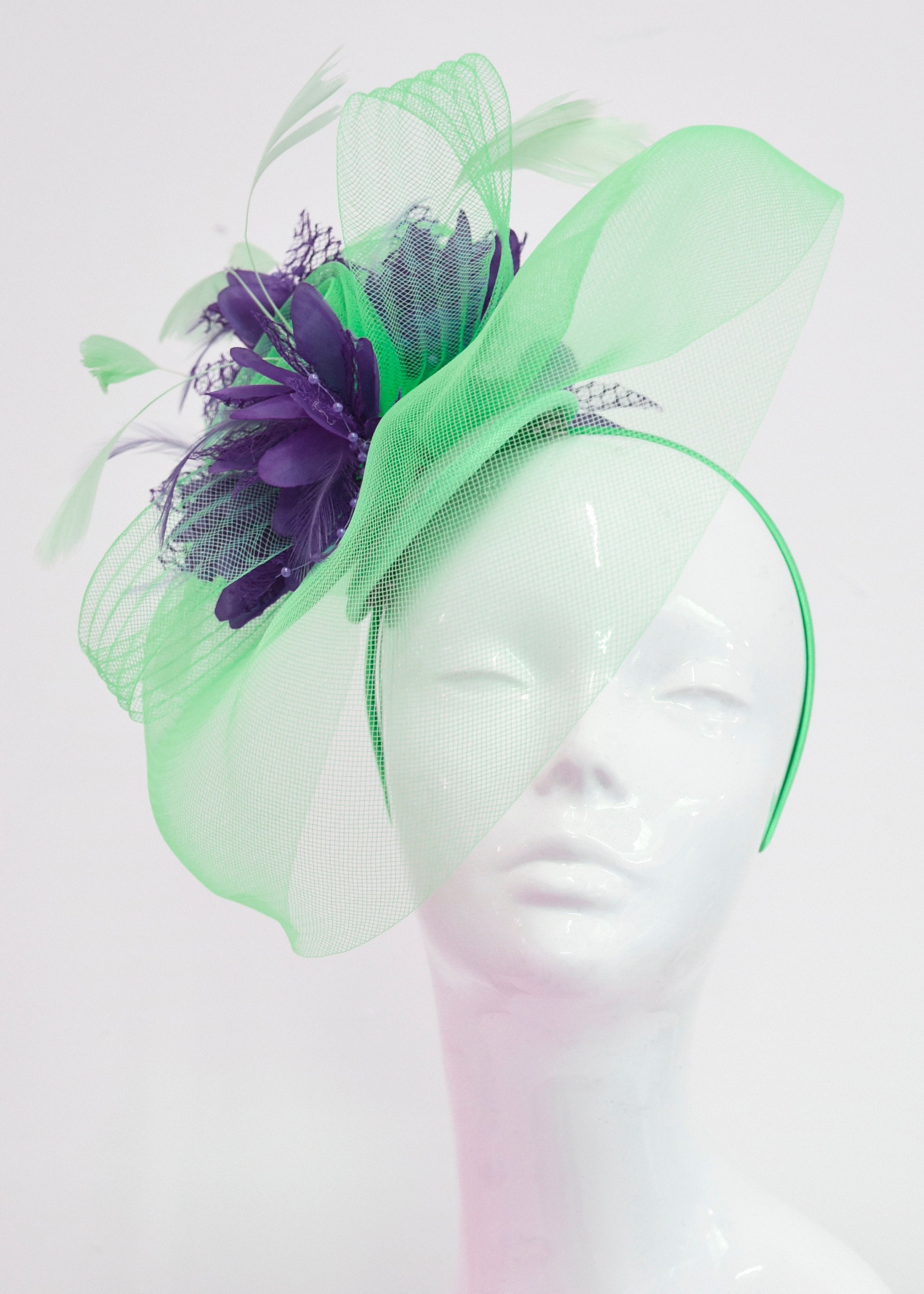 Caprilite Big Mint Green and Dark Purple Fascinator Hat Veil Net Ascot Derby Races Wedding Headband Feather