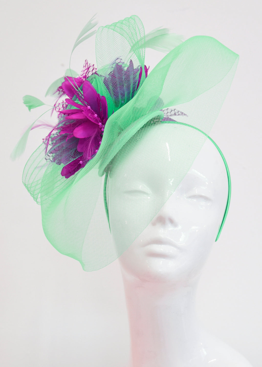 Caprilite Big Mint Green and Fuchsia Hot Pink Fascinator Hat Veil Net Ascot Derby Races Wedding Headband Feather