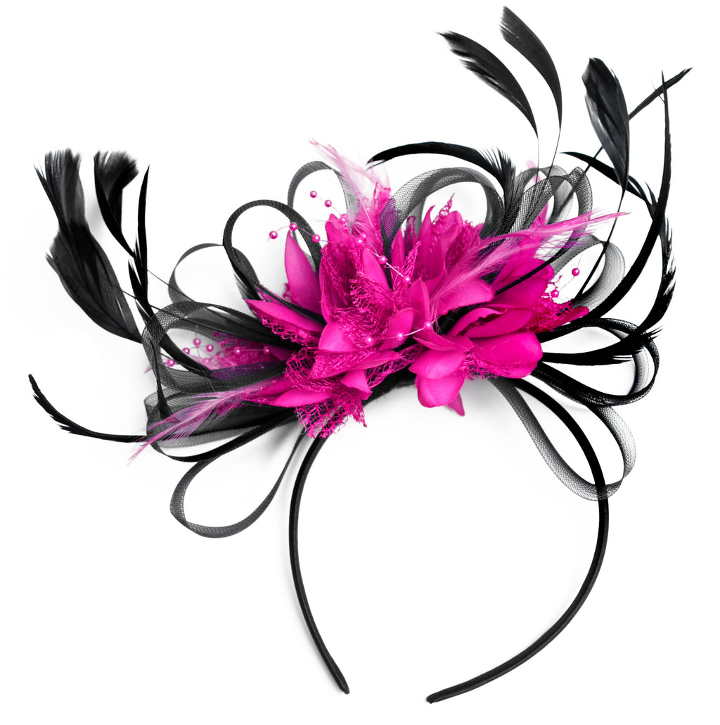 Caprilite Black & Fuchsia Pink Fascinator Headband Wedding Ascot   Races Loop Net