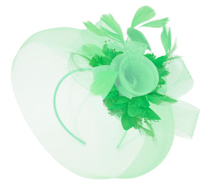Caprilite Big Mint Green and Grass Fascinator Hat Veil Net Ascot Derby Races Wedding Headband Feather
