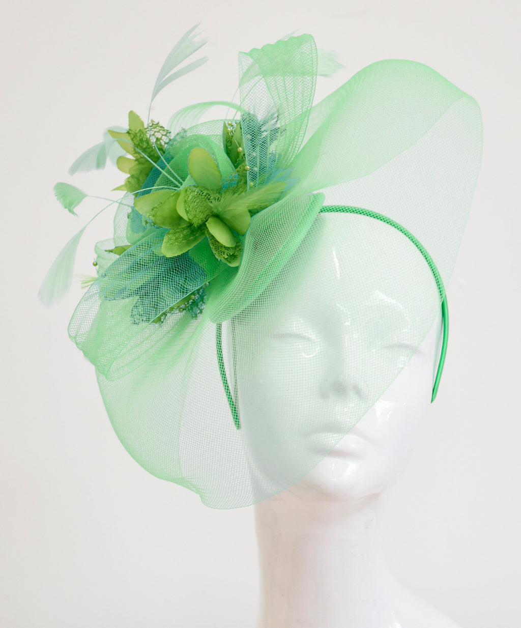 Caprilite Big Mint Green and Lime Fascinator Hat Veil Net Ascot Derby Races Wedding Headband Feather