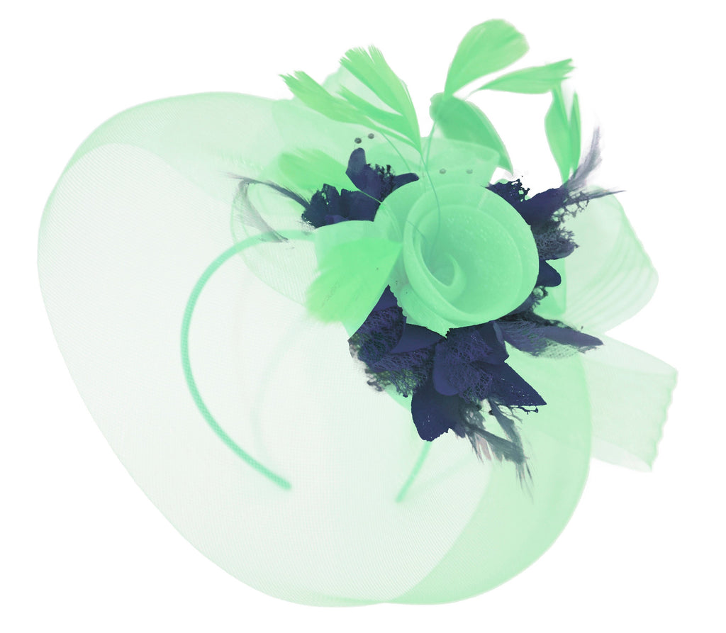 Caprilite Big Mint Green and Navy Fascinator Hat Veil Net Ascot Derby Races Wedding Headband Feather
