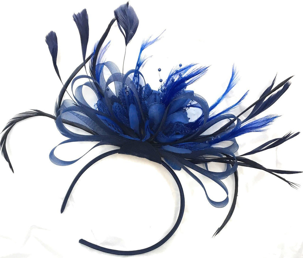 Caprilite Navy Blue and Royal Blue Net Hoop & Feathers Fascinator On Headband Wedding