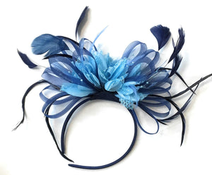 Caprilite Navy Blue Hoop & Baby Light Blue Light Cornflower Blue Feathers Fascinator Headband Ascot Wedding