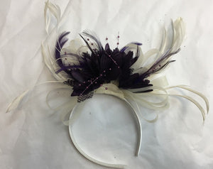 Caprilite Cream Hoop & Dark Purple Feathers Fascinator On Headband for Weddings and Ascot Races