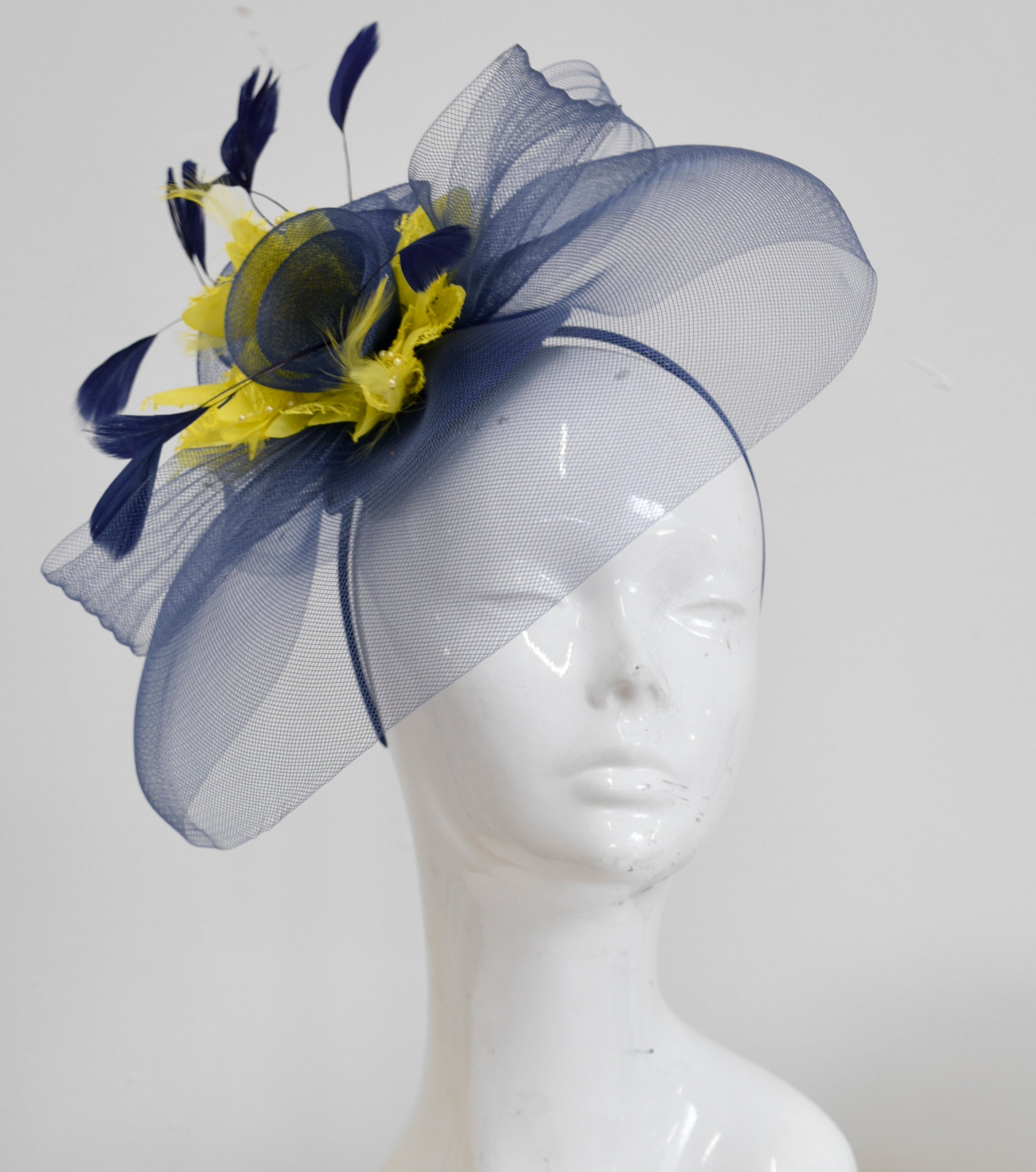 Caprilite Big Navy and Yellow Fascinator Hat Veil Net Hair Clip Ascot Derby Races Wedding Headband Feather Flower