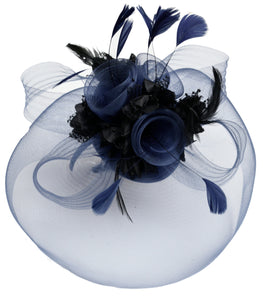 Caprilite Big Navy and Black Fascinator Hat Veil Net Hair Clip Ascot Derby Races Wedding Headband Feather Flower