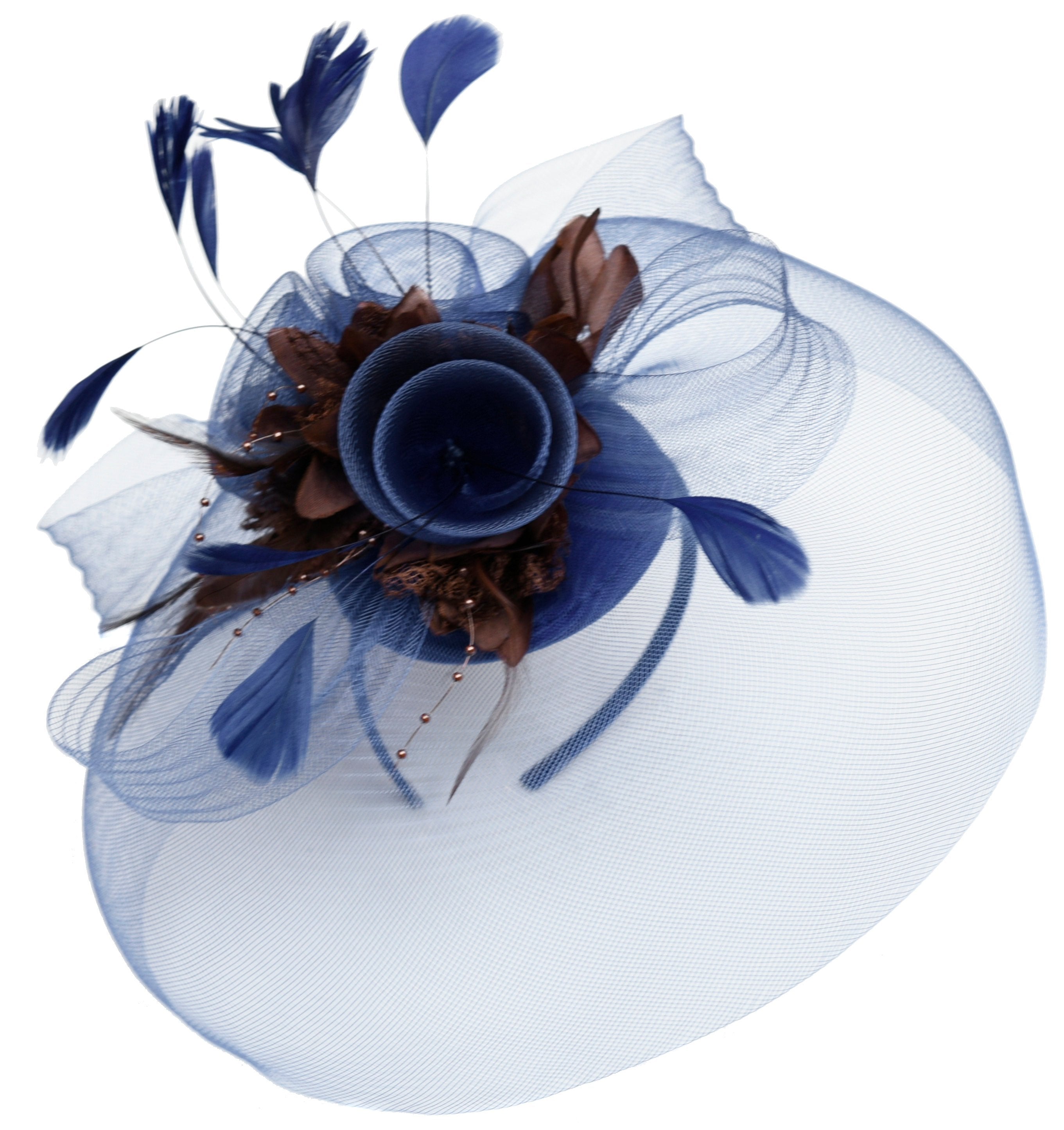 Caprilite Big Navy and Brown Fascinator Hat Veil Net Hair Clip Ascot Derby Races Wedding Headband Feather Flower