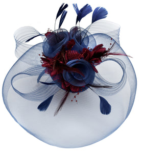 Caprilite Big Navy and Brugundy Fascinator Hat Veil Net Hair Clip Ascot Derby Races Wedding Headband Feather Flower