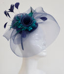 Caprilite Big Navy and Turquoise Teal Fascinator Hat Veil Net Hair Clip Ascot Derby Races Wedding Headband Feather Flower
