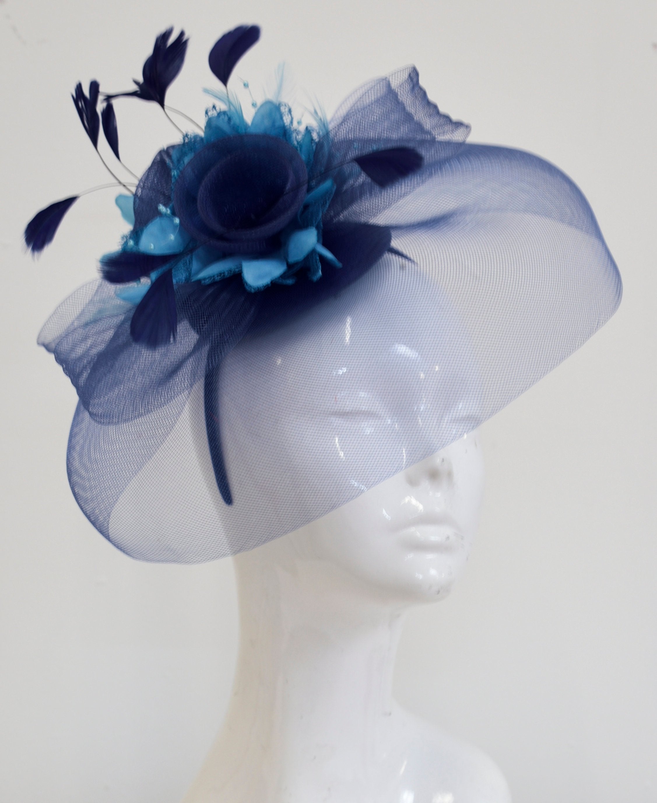 Caprilite Big Navy and Aqua Turquoise Fascinator Hat Veil Net Hair Clip Ascot Derby Races Wedding Headband Feather Flower