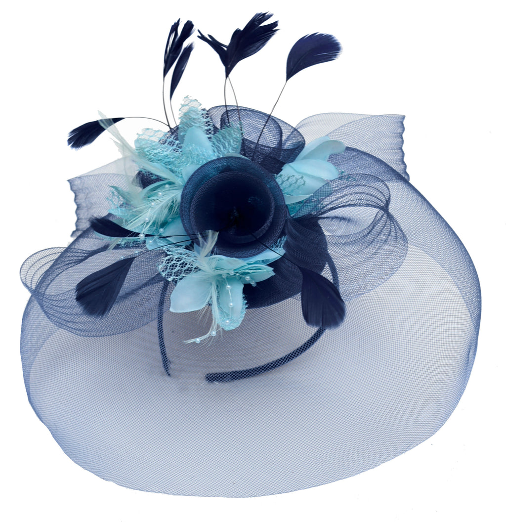 Caprilite Big Navy and Light Aqua Turquoise Fascinator Hat Veil Net Hair Clip Ascot Derby Races Wedding Headband Feather Flower