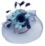 Caprilite Big Navy and Light Aqua Turquoise Fascinator Hat Veil Net Hair Clip Ascot Derby Races Wedding Headband Feather Flower