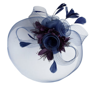 Caprilite Big Navy and Dark Purple Fascinator Hat Veil Net Hair Clip Ascot Derby Races Wedding Headband Feather Flower