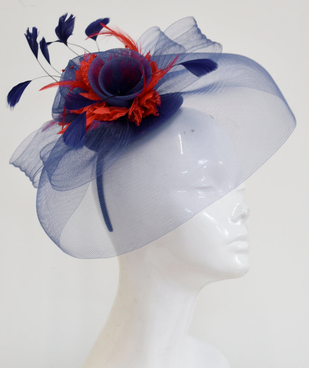 Caprilite Big Navy and Red Fascinator Hat Veil Net Hair Clip Ascot Derby Races Wedding Headband Feather Flower