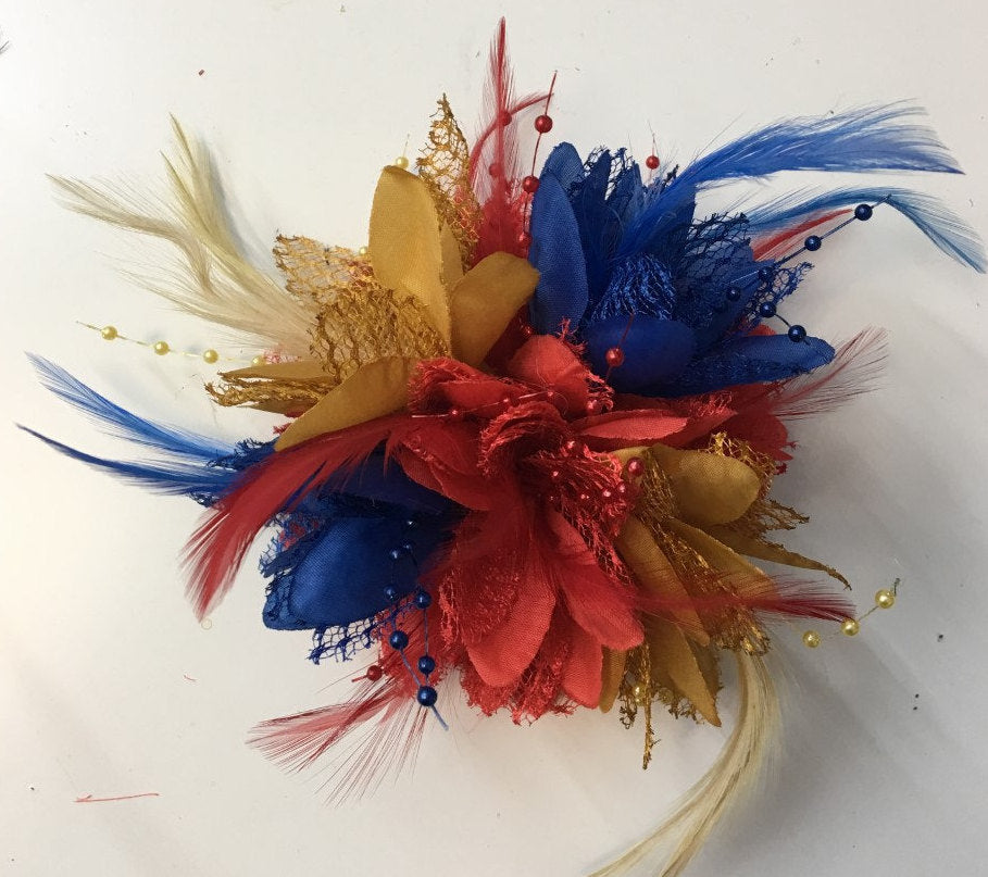 Caprilite Royal Blue Red Mustard Yellow Fascinator Blue Headband Flower Corsage