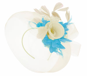 Caprilite Cream and Aqua Fascinator on Headband Veil UK Wedding Ascot Races Hatinator Women