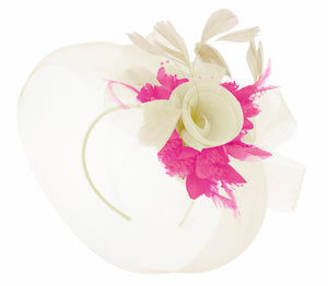 Caprilite Cream and Fuchsia Hot Pink Fascinator on Headband Veil UK Wedding Ascot Races Hatinator Women