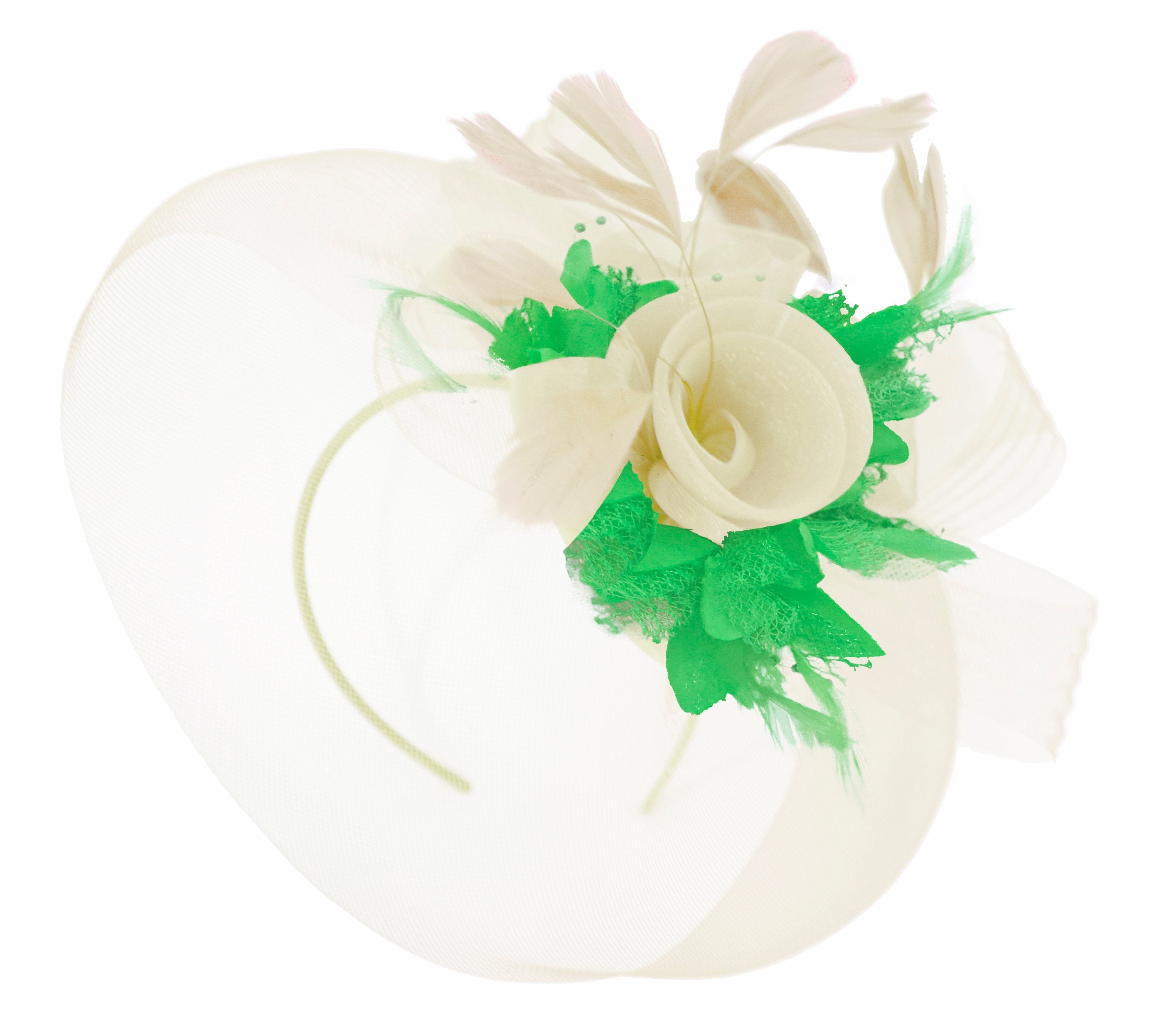 Caprilite Cream and Grass Green Fascinator on Headband Veil UK Wedding Ascot Races Hatinator Women