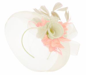 Caprilite Cream and Peach Nude Fascinator on Headband Veil UK Wedding Ascot Races Hatinator Women