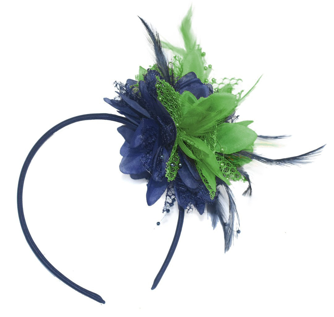 Caprilite Navy and Green Fascinator Headband Hair Band Flower Corsage