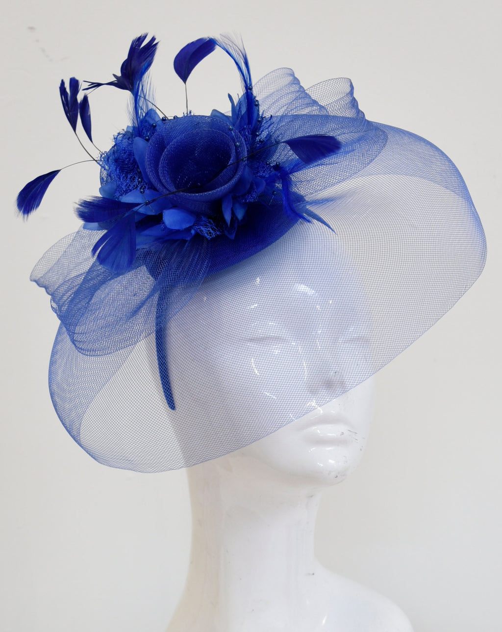 Caprilite Big Royal Blue Fascinator Hat Veil Net Hair Clip Ascot Derby Races Wedding Headband Feather Flower