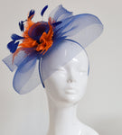 Caprilite Big Royal Blue and Orange Fascinator Hat Veil Net Hair Clip Ascot Derby Races Wedding Headband Feather Flower