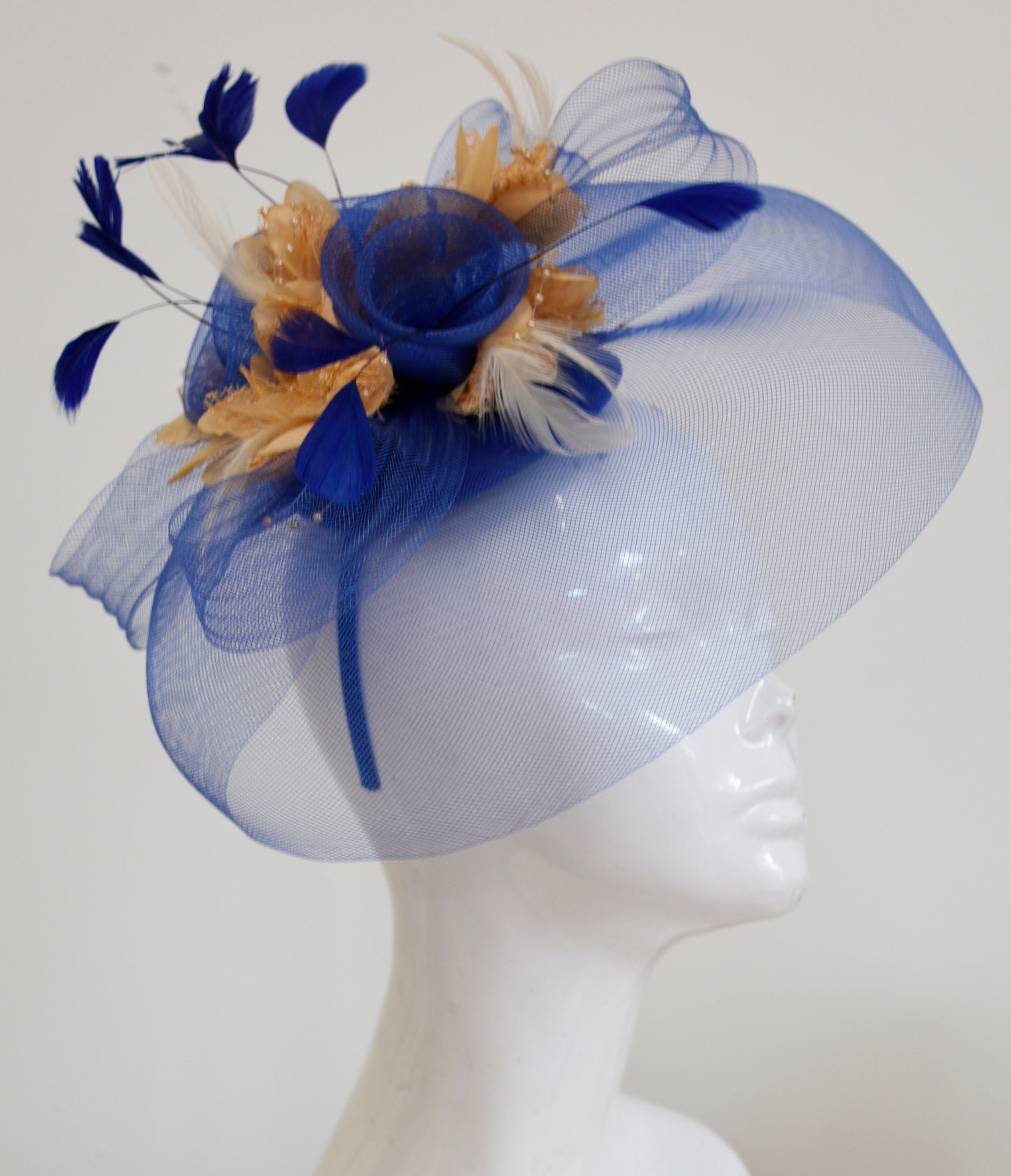 Caprilite Big Royal Blue and Beige Fascinator Hat Veil Net Hair Clip Ascot Derby Races Wedding Headband Feather Flower