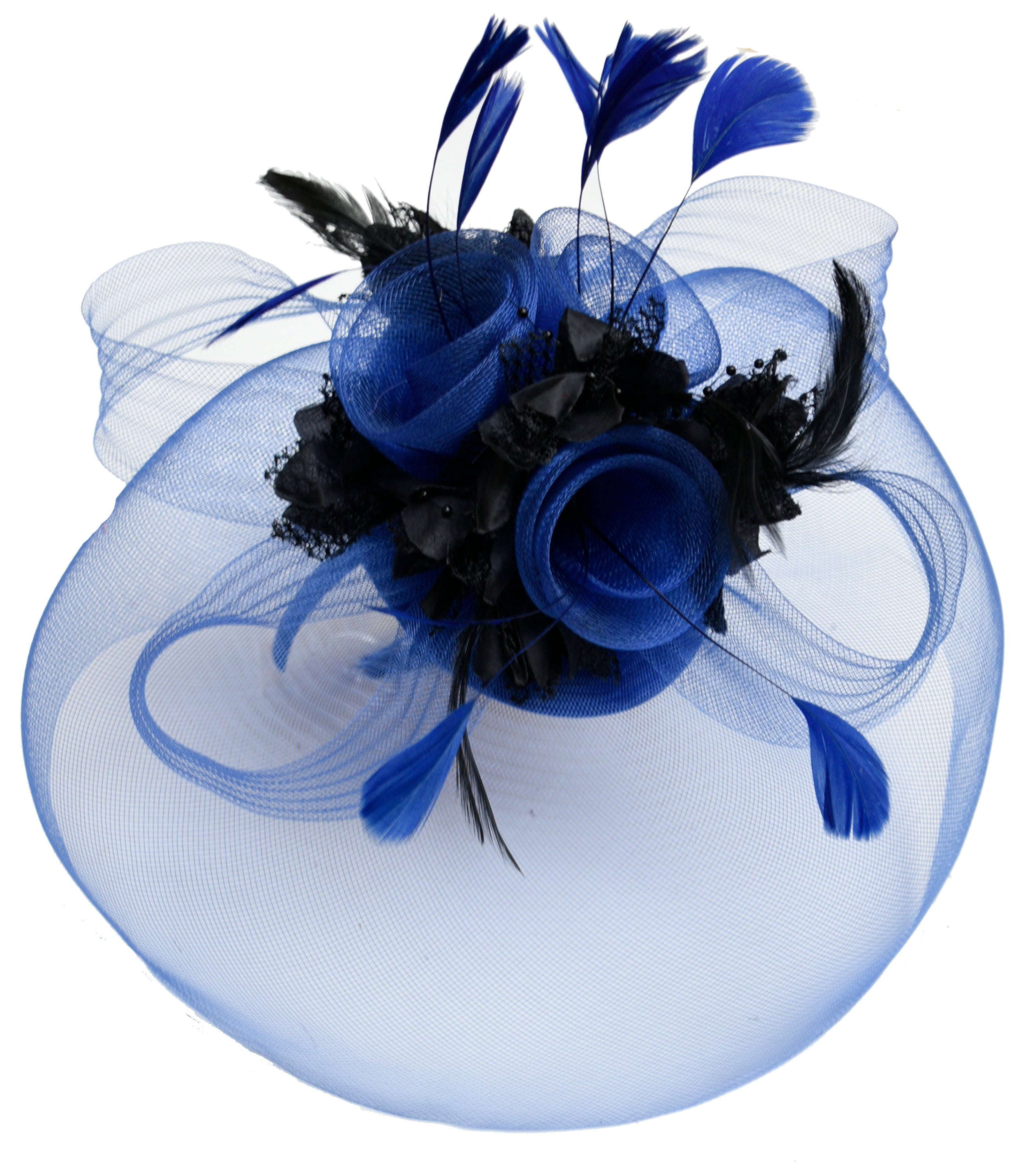 Caprilite Big Royal Blue and Black Fascinator Hat Veil Net Hair Clip Ascot Derby Races Wedding Headband Feather Flower
