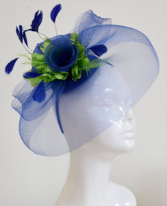 Caprilite Big Royal Blue and Lime Green Fascinator Hat Veil Net Hair Clip Ascot Derby Races Wedding Headband Feather Flower