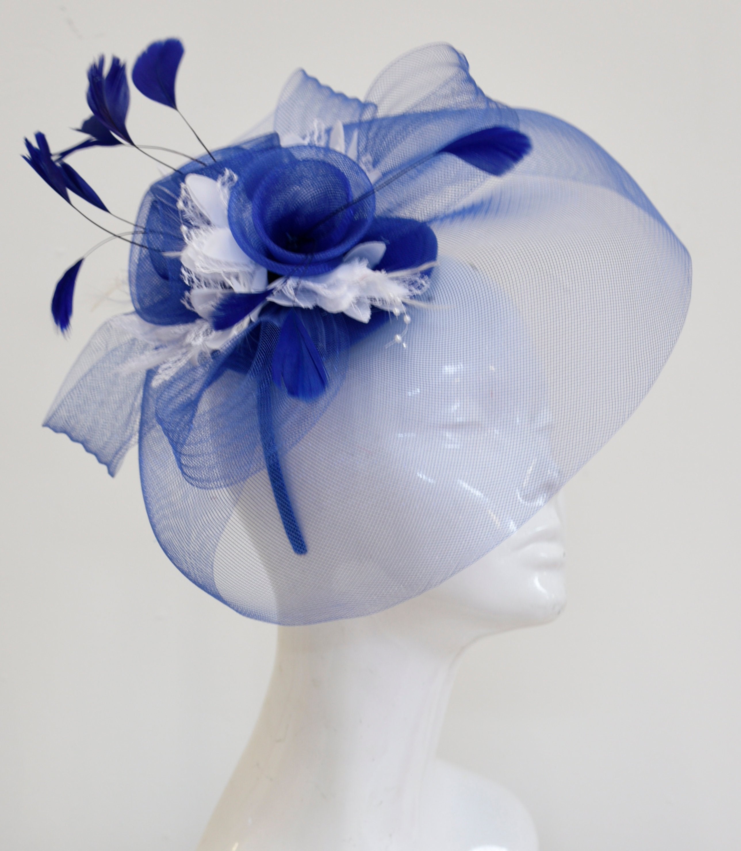 Caprilite Big Royal Blue and White Fascinator Hat Veil Net Hair Clip Ascot Derby Races Wedding Headband Feather Flower