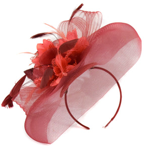 Caprilite Big Burgundy Coral Fascinator Hat Veil Net Hair Clip Ascot Derby Races Wedding Headband Feather Flower