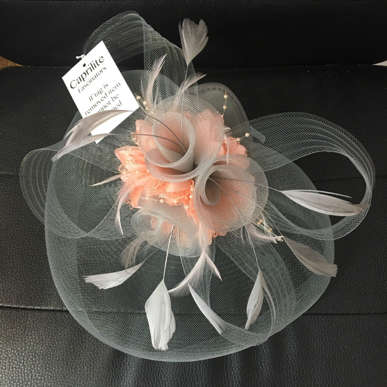 Caprilite Silver Grey and Peach Pink Fascinator Hat Veil Net Hair Clip Ascot Derby Races Wedding Headband Feather Flower