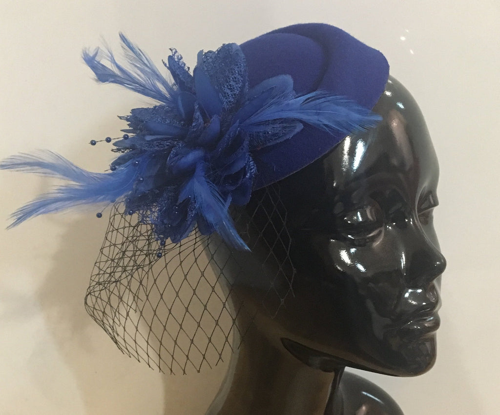 Caprilite Royal Blue Cobalt Blue Fascinator Hat Pill Box Flower Black Veil Hatinator UK Wedding Ascot Races Clip Felt